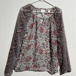 Lucky Brand Tunic Blouse Womens Small Multicolor Floral Keyhole Neck Long Sleeve